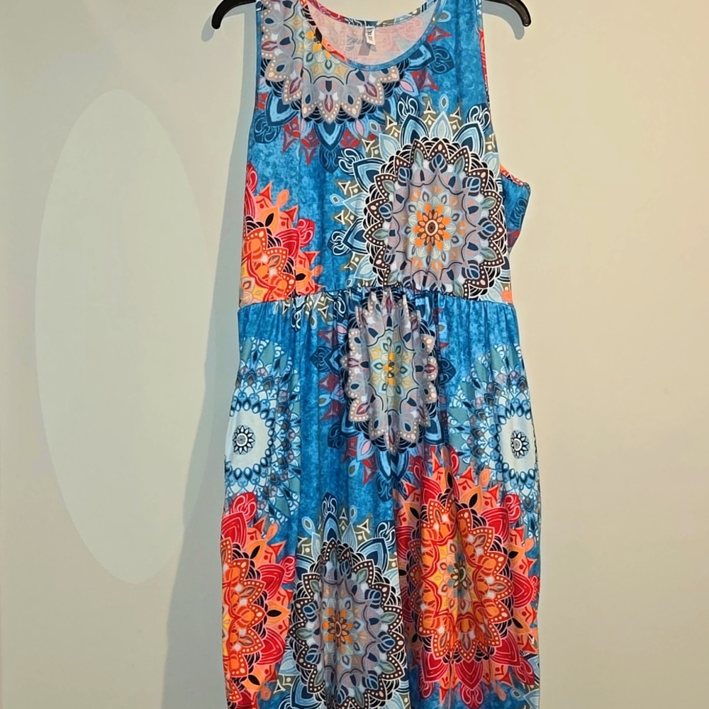 Ours blue pink white brown black floral dress. Size 2X.